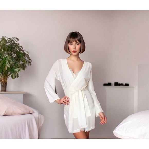 New Womens Sexy Lace Robe & Cami B The Label White Swiss Dot Robe & Camisole Set - Picture 1 of 8